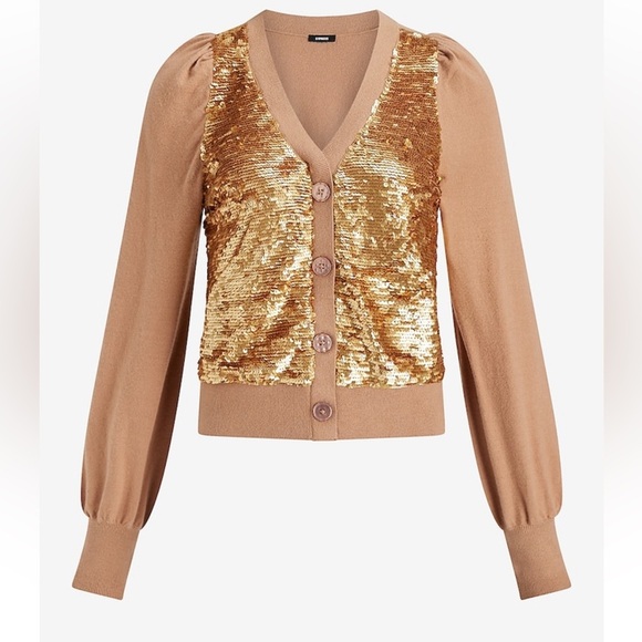 NWT Express Sequin Button Front Cardigan in Pecan - Picture 3 of 8